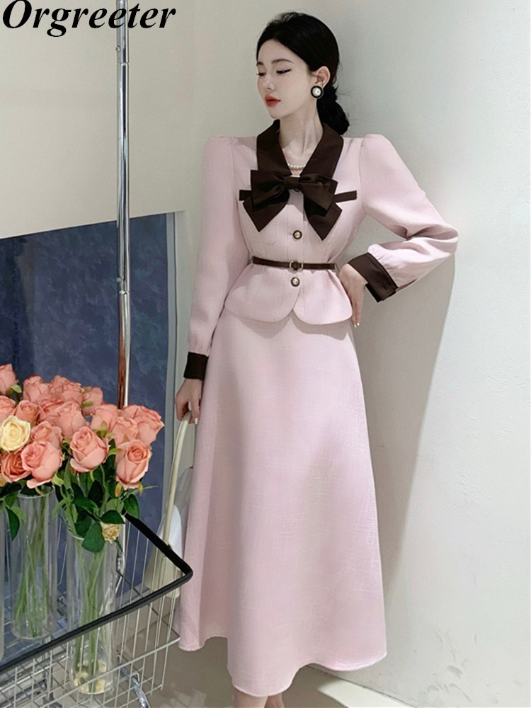 Fall Winter Ladies Tweed Two Piece Sets Sweet Bowknow Puff Sleeve Short Jacket Coat +Long Skirt Suit Woolen 2 Piece Outfits