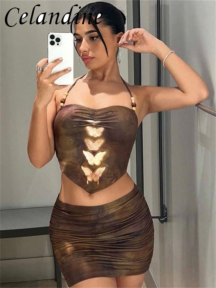 Celandine Summer Butterfly Print Club Rave Festival Y2K Outfits Sexy Ruched Backless Crop Top+Skirt 2 Piece Matching Sets