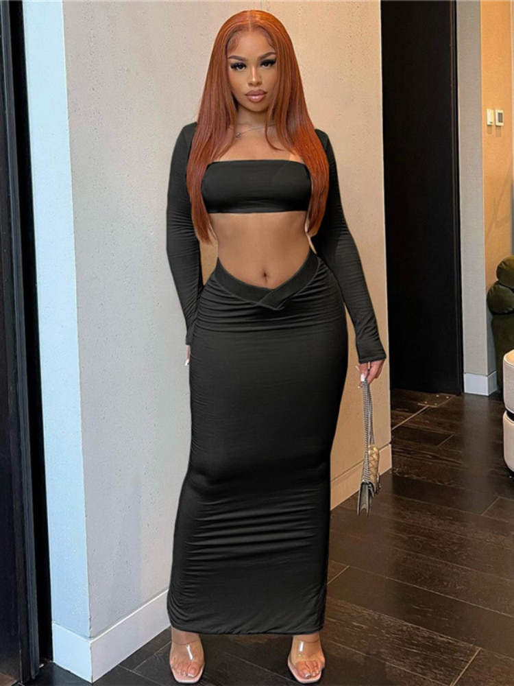Sexy Black Skirt Two Piece Set Women Square Neck Navel Long Sleeve T-Shirt 2 Piece Club Outfits Low Waist Skirt Baddie Outfit