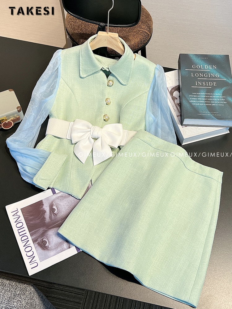 2023 Autumn Elegant Casual Tweed Stripe 2 Piece Set Women Patchwork Bow Shirt Top + A-line Skirt Office Lady Two Piece Skirt Set