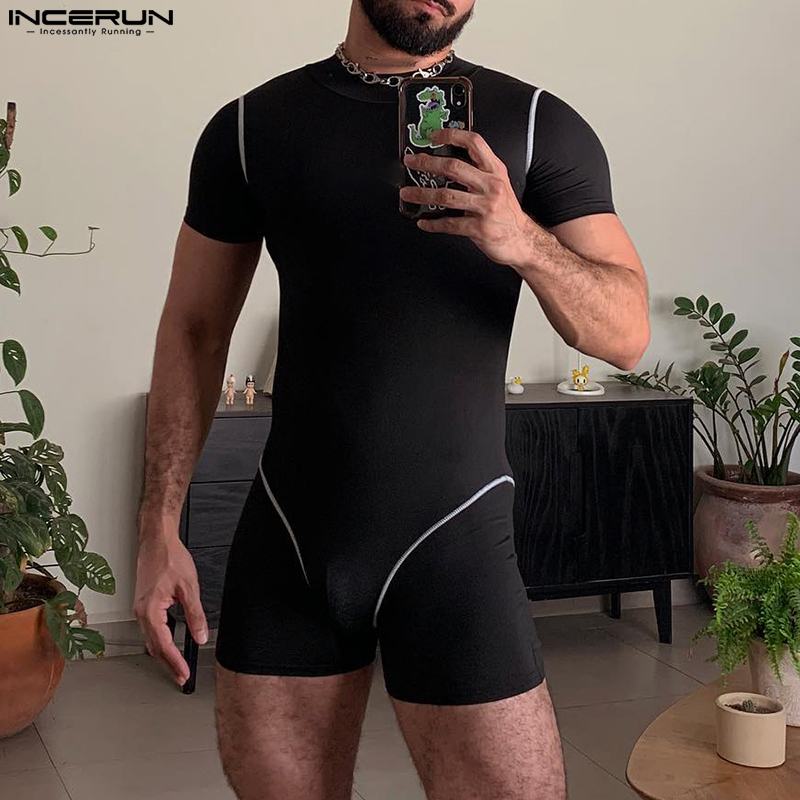 Men Rompers Pajamas Solid Color O-neck Short Sleeve Homewear Male Playsuits Stylish Skinny 2023 Cozy Bodysuits S-5XL INCERUN