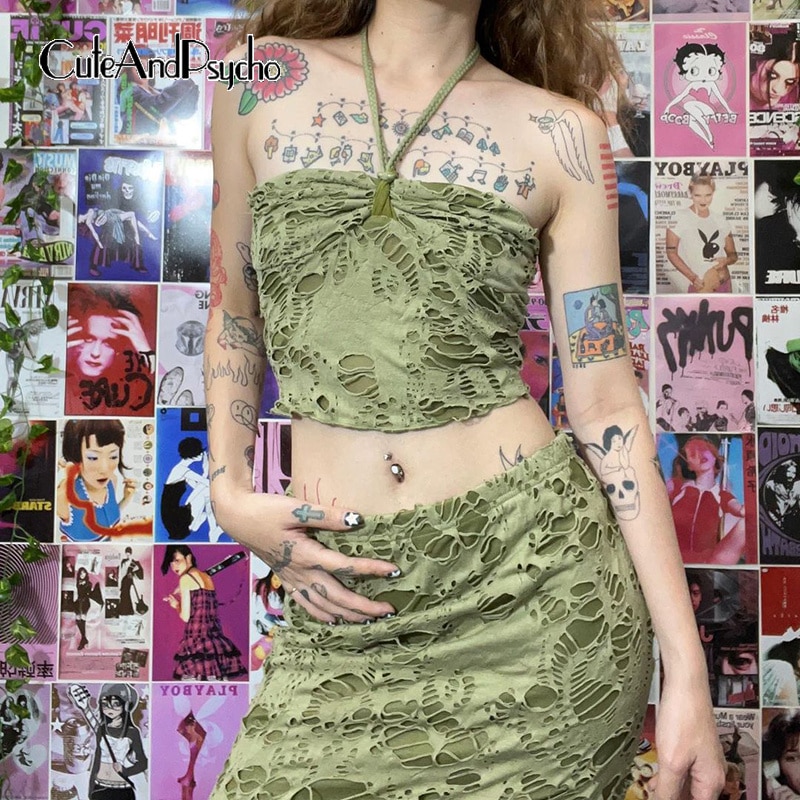 Cuteandpsycho Vintage Y2K Ripped Two Pieces of Sets Halter Neck Camisole and Long Skirts Outfits Aesthetic 2000s Women's Cl