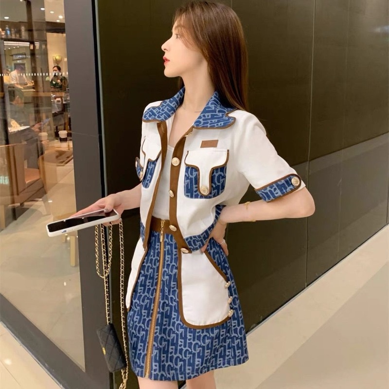 Hikigawa Chic Fashion Contrast Color Women Jacket +Slim Vintage Print All Match Letter Print Zipper Skirts New 2 Set Ropa Mujer