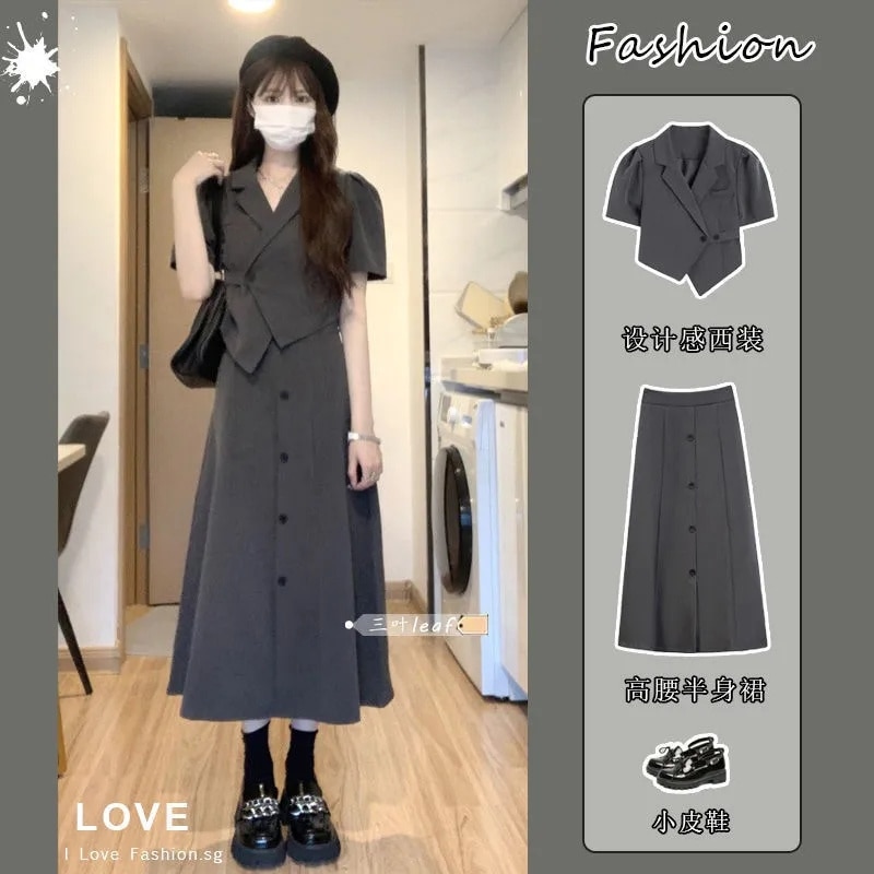 Set Women's 2023 Summer New Hong Kong Style Short Irregular Flip Collar Suit Top High Waist Half Skirt Two Piece Set