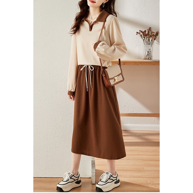 Fashionable Korean Version Polo-neck Contrast Long Sleeve 2023 Women Fall Casual Loose High Waist Slim Midi Skirt Two-piece T691