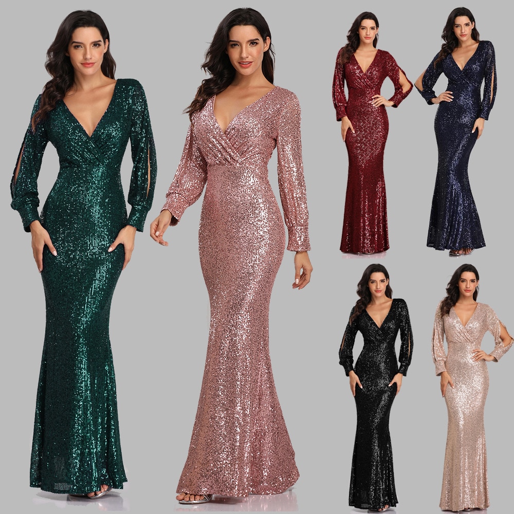fashion elegant Long sleeve women's dress Mermaid V-neck luxury evening dress Sequin Beaded Wedding Guest Party Cocktail Dr
