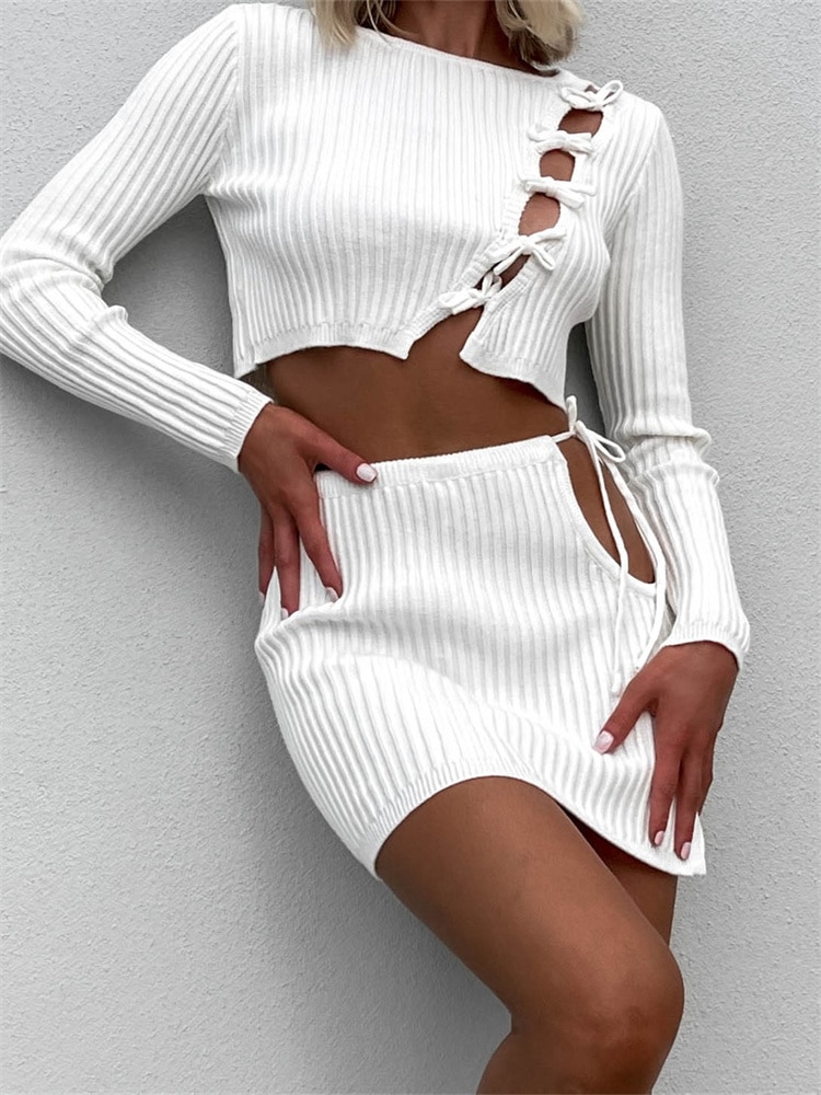 CHRONSTYLE Women Knitted Ribbed Skirt Sets Long Sleeve Hollow Out Tie-up Sweaters Crop Tops High Waist Mini Skirts Fall Outfits