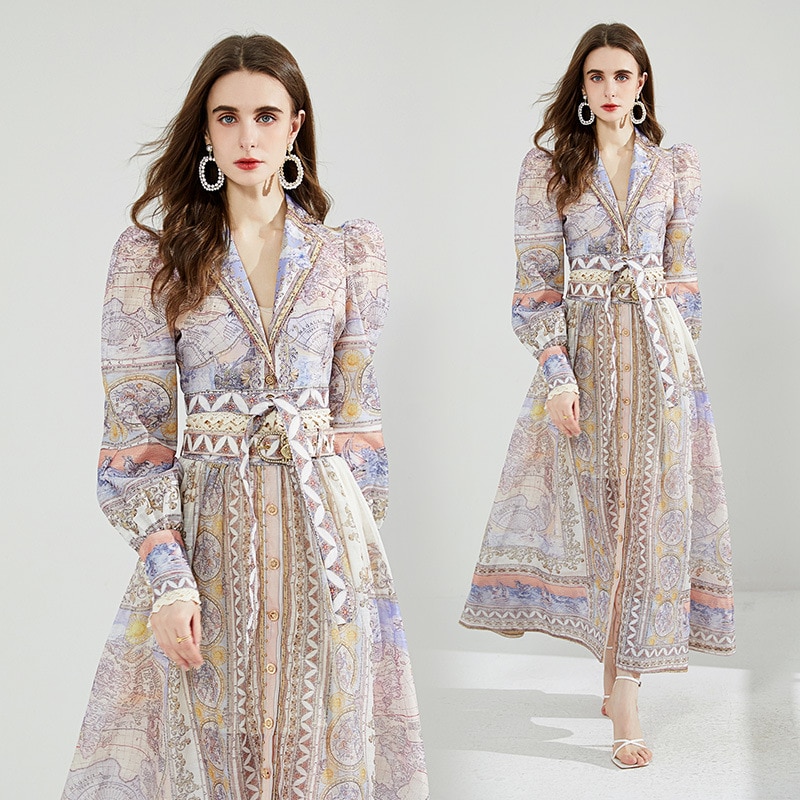 Autumn Single Breasted Chiffon Elegant Printing Flowers Dress Lapel Lantern Sleeve Fungus Design Dresses For Women Tops Skirts
