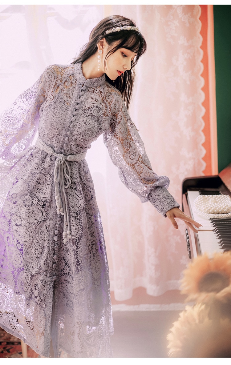 Embroidery New Autumn Single breasted Chiffon Solid Color Women's Dress A Line O Fashion Birthday Party Readymade Dress Pro