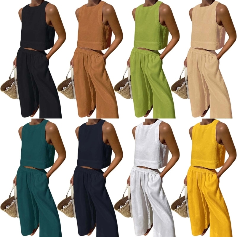 New style Women Summer Casual Two Piece Outfit Sleeveless Crop Top Wide Leg Pants Trousers