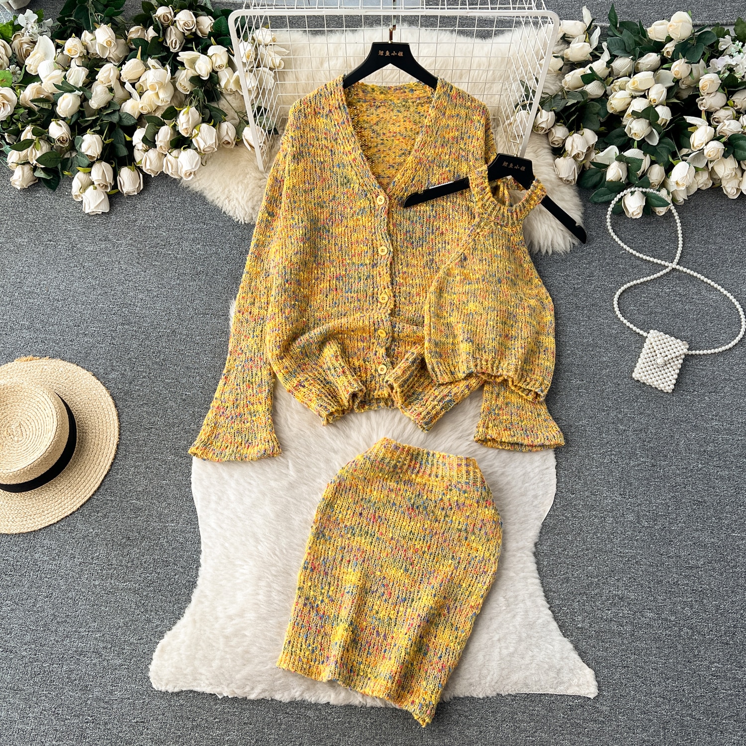 Women Knit Two Pieces Skirt Sets Women Long Sleeve V Neck Single Breasted Shirt with High Waist Short Hip Wrap Skirt