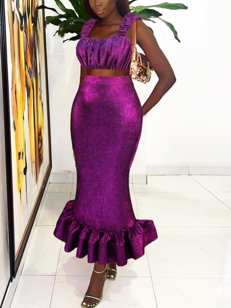 Women Luxury Party Sexy Two Piece Sets Sparkly Short Tube Crop Tops Long Package Hip Skirt Mermaid Celebrate Birthday Event New