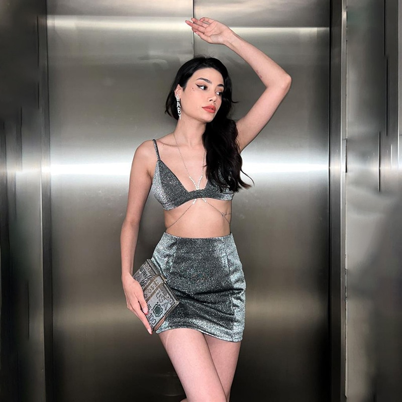 Two Piece Set Glitter Diamond Shiny Women skirt Skirt Female Fashion Club Night Outfits Sexy suspender+skirt set skirt sets