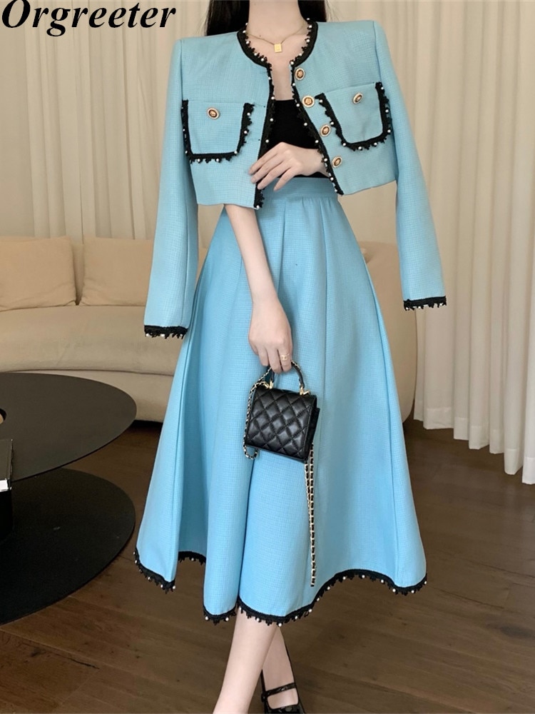 Autumn Small Fragrant Fashion Tweed Two Piece Skirt Set Women Lace Beaded Jacket Coat+Long Skirt Suits Crop Top Outfit Female