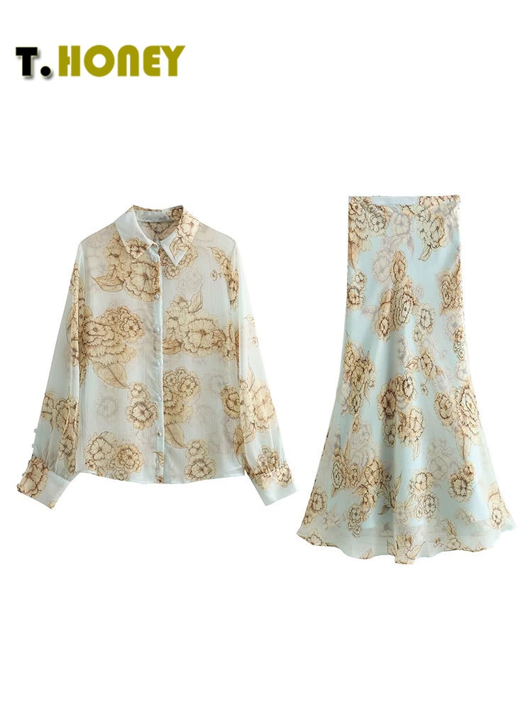 TELLHONEY Women Fashion Lapel Collar Single Breasted Blouses Side Zipper High Waist Midi Skirt Casual Floral Print Two Piece Set