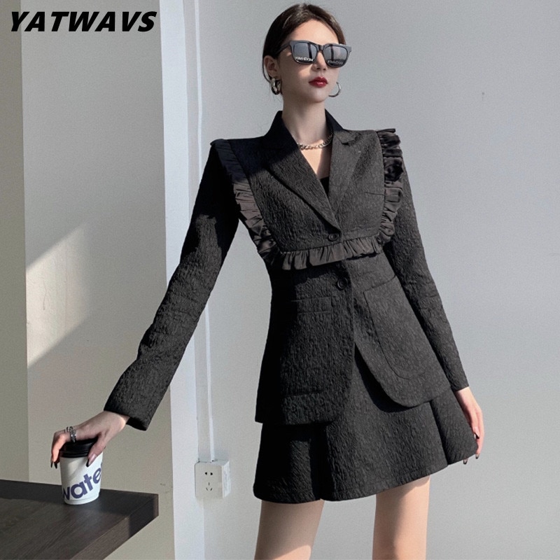 Elegant Women Vintage Skirt Two Piece Set Autumn Designer Ruffles Blazer Coat + High Waist Mini Skirt Suits Ladies 2 Piece Outfi