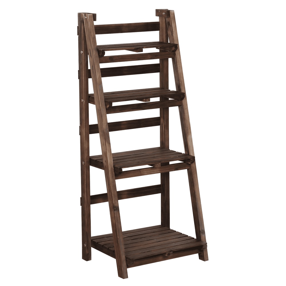 Easyfashion 4 Tier Foldable Wooden Plant Display Stand for Indoors Outdoors, Natural Wood