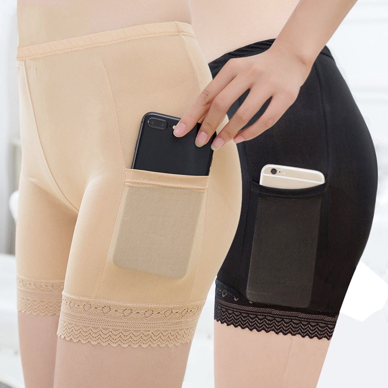 Safety Short Pants With Pockets Large Size Boxer Shorts Under Skirt Thigh Chafing Lace High Waist Anti-Theft Breathable Briefs