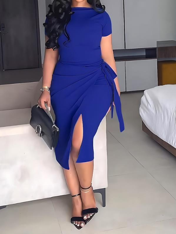 2023 New Hot Selling Boat Neck Top and Lace Up Details Split Skirt Set Summer Fashion Women's Two-Piece Commuting Style
