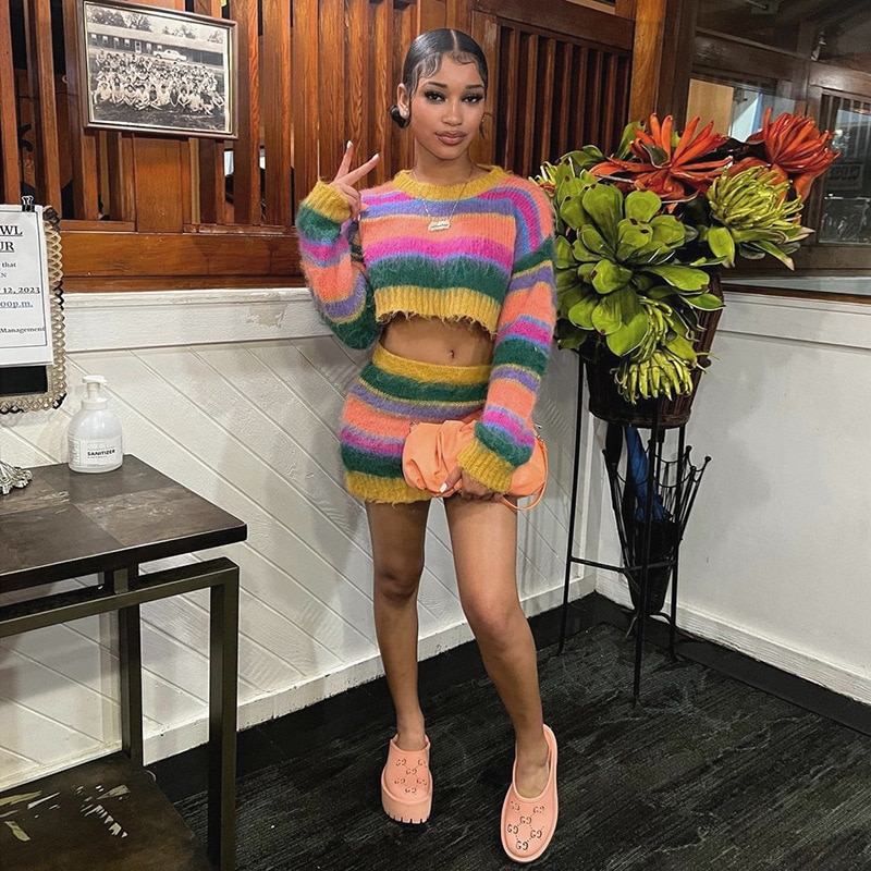 Casual Knitted Striped Dress 2 Piece Mini Skirt Sets Winter Women Y2K Streetwear Fashion Sexy Crop Tops Knit 2 Piece Set Outfit