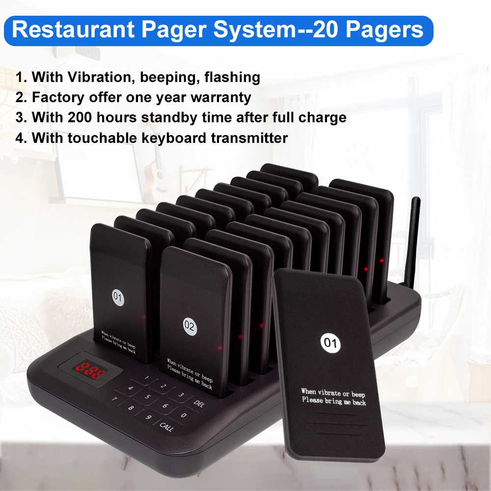 CTP320 Wireless Calling System Beeper Buzzer Restaurant 20 Pager Receiver 1 Keypad Transmitter Guest Paging Cafe Coaster