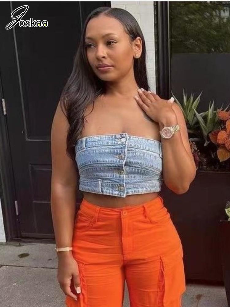 Joskaa Blue Denim Tube Tops Women Sexy Off Shoulder Sleeveless Bustier Tops 2023 Fashion Wrap Chest Button Tank Top Streetwear