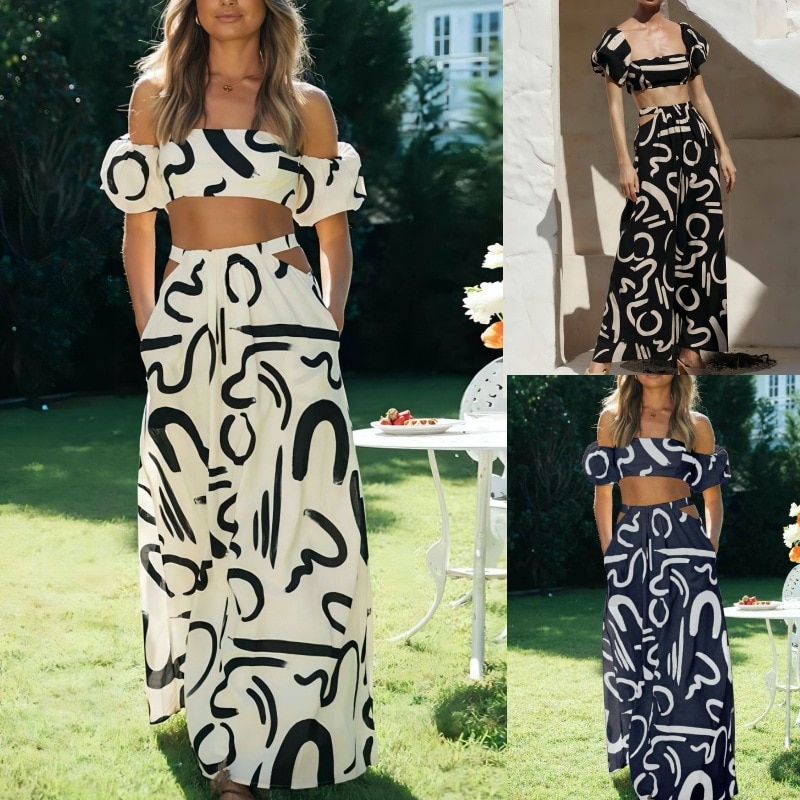 Print Puff Short Sleeve Tops Split Midi Skirt Suits Women Elegant Slim Princess Two Piece Sets Sexy Open Waist Outfits 2023 New