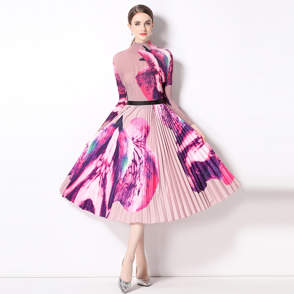 Miyake Pleated Suit for Women New Autumn Fashion Printing Long Sleeve High Neck Top + High Waist Skirt Two Pieces Set M9245