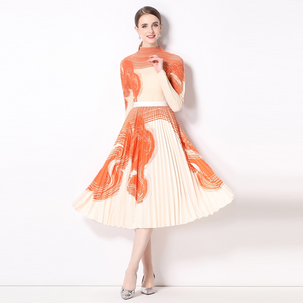 Miyake Pleated Suit Women's 2023 Spring Autumn New Fashion Printing All-match Large Size Slim Tops & Skirt 2 Pcs Set M9