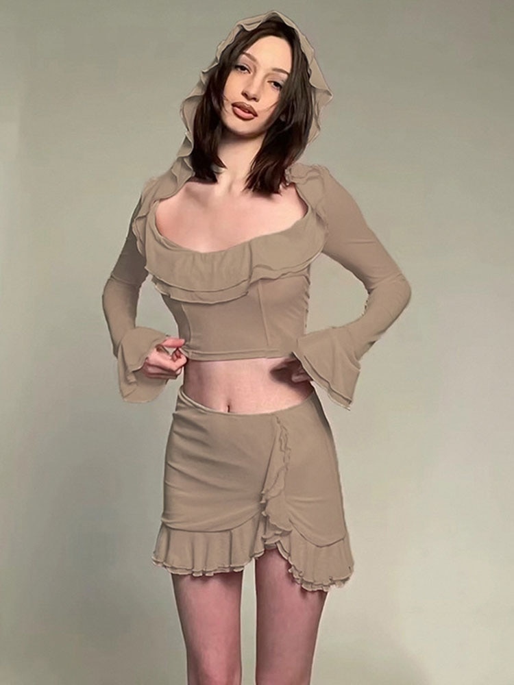 Apprabant Pure Desire Knitted Mini Skirt Two Piece Set Asymmetrical Flounced Edge Skirts Hooded Flare Sleeve Spice Girls Style