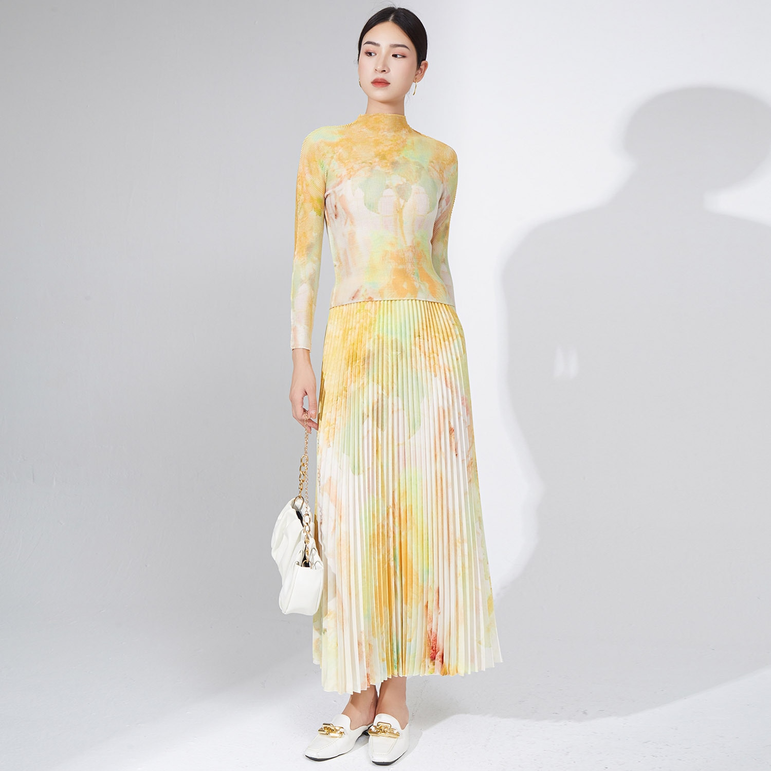 Two Piece Set For Women Fashion Miyake Pleated Outfit 2023 New Long Sleeved T-Shirt Top + Stretch Printed Skirt Suits Female