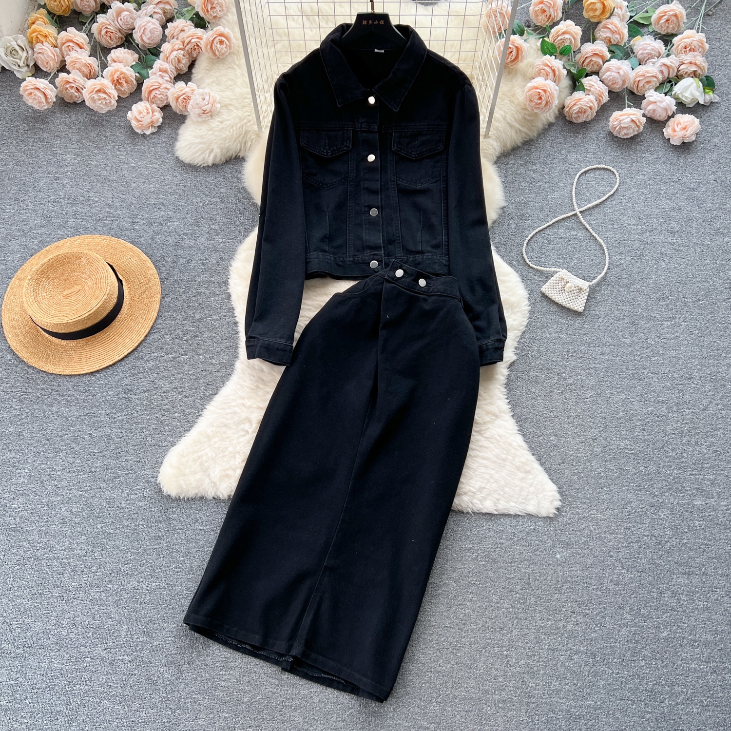 Street Style Denim 2 Pieces Set for Women Casual Turn Down Collar Long Sleeve Jeans Jacket Coat and High Waist Long Skirt Suits