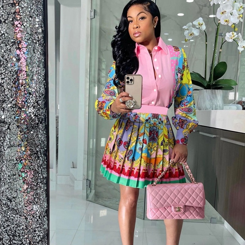 Printed Two Piece Sets Womens Outifits 2023 Summer Ladies Long Sleeve Lace-up Shirts Crop Tops Pleated Skirt Casual Streetwear