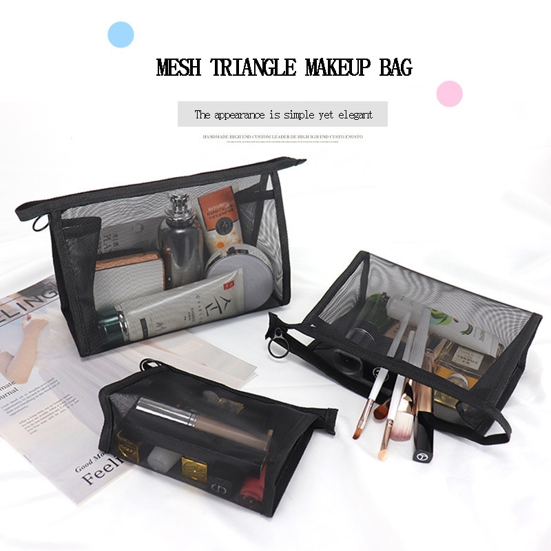 Black Large Small Triangle Sheer Mesh Makeup Bag Simple Portable Large Capacity Storage Bag Lipstick Foundation Brush Organizer