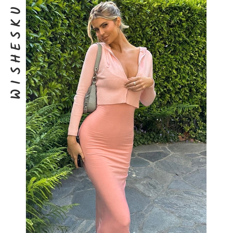 Two Piece Set Women Hooded Knitted Cardigan Crop Top+Spaghetti Strap Backless Maxi Dress 2023 Spring Fall Harajuku Y2K Clothes