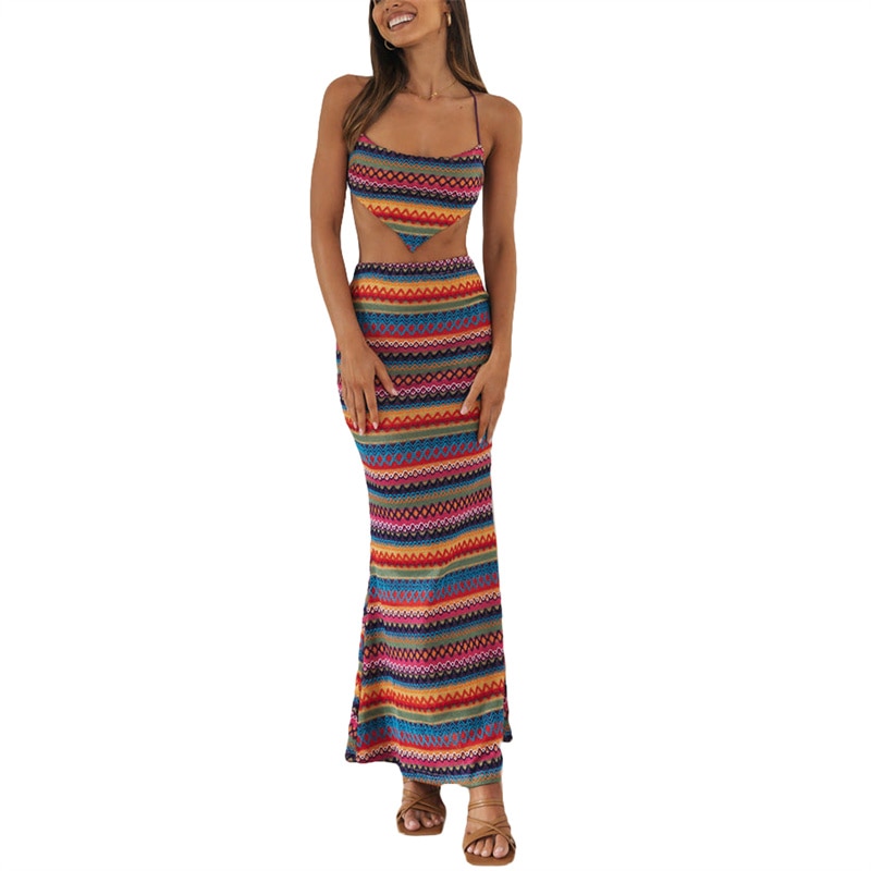 Women's Beach Streetwear Summer Outfits Bandage Backless Sling Tops Bodycon Long Skirt Set Colorful Stripes 2 Pieces