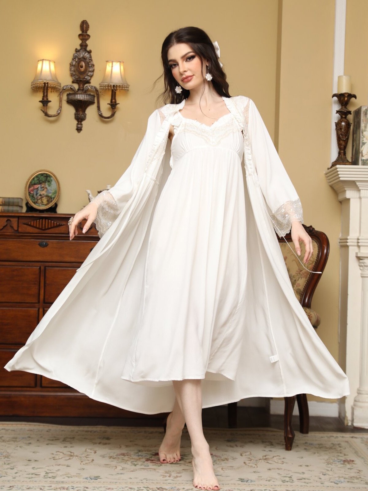 Women White Robe Dress Cotton Lace Princess Pajama Fairy Princess Nightgowns Two Piece Set Loose Victorian Nightwear Sleepwear