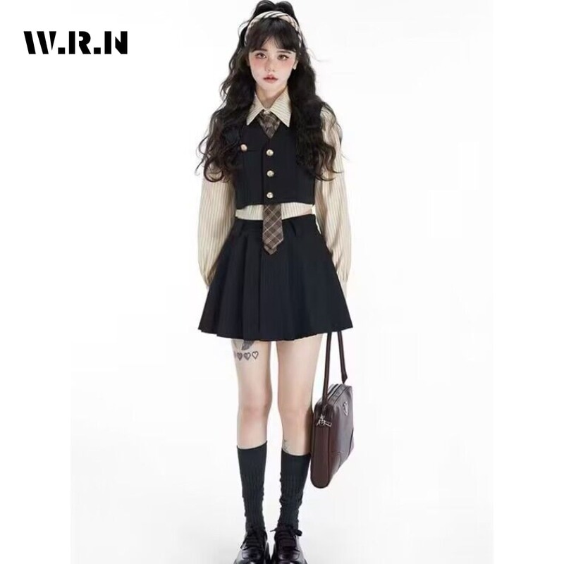 2023 Summer Preppy Style Plaid Jk Skirt Uniform Two Piece Set Women Black Crop Top + Pleated Short Skirt Sexy Skirt 2 Piece Set