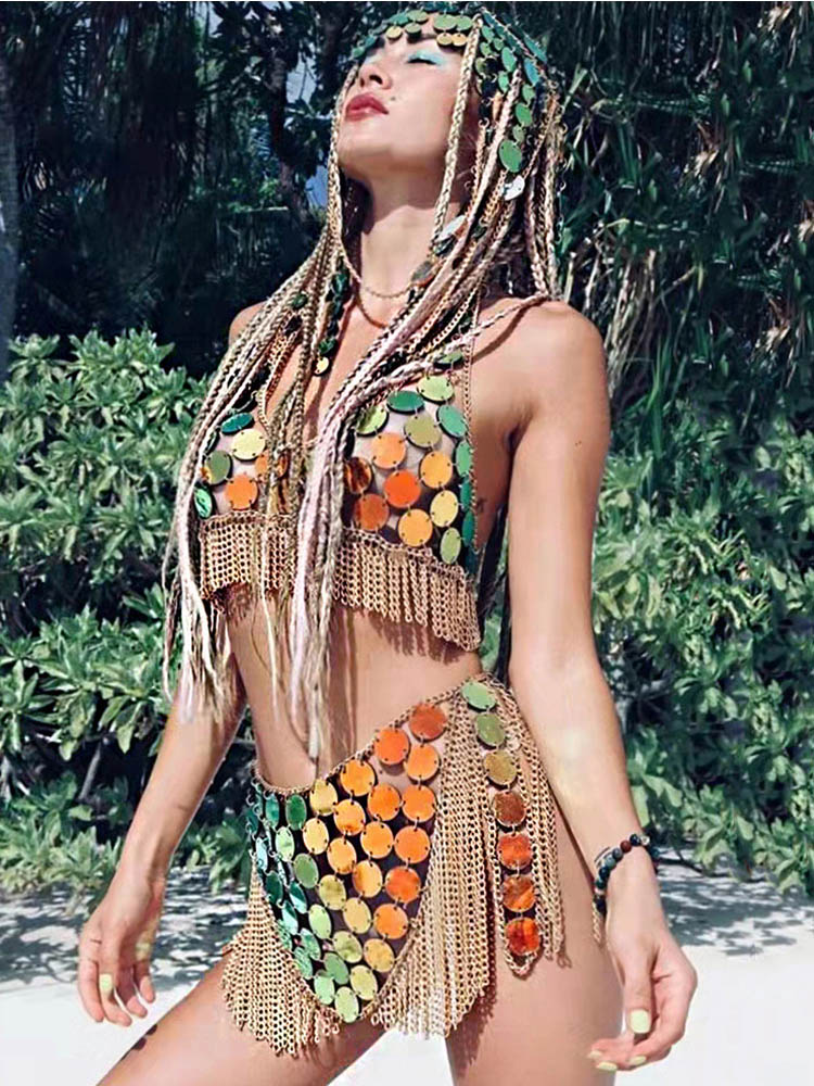 Sexy Sheer Sequin Festival Outfit Women Two Piece Set Night Club Party Wear Metal Chain Tassel Shiny Crop Top Mini Skirt Sets