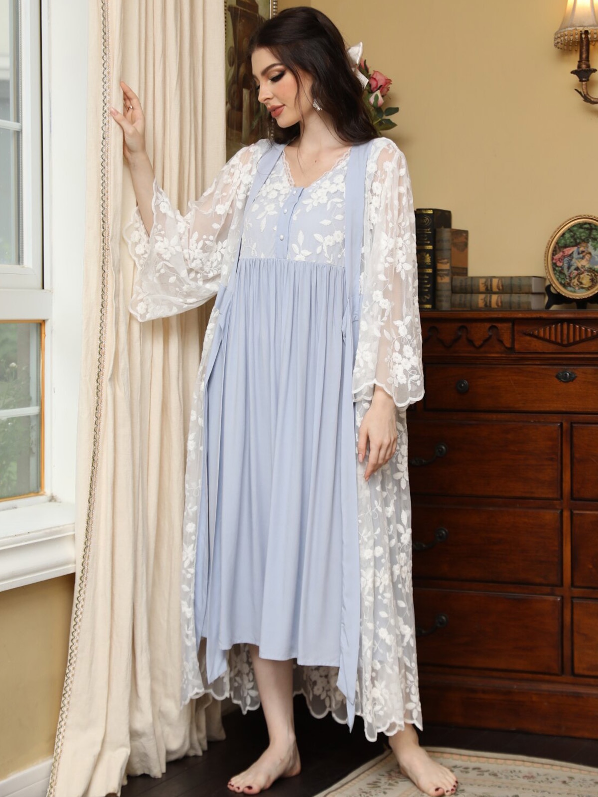 Women Robe Dress Cotton Lace Vintage Pajama Fairy Romantic Princess Nightgowns Two Piece Set Loose Victorian Nightwear Sleepwear