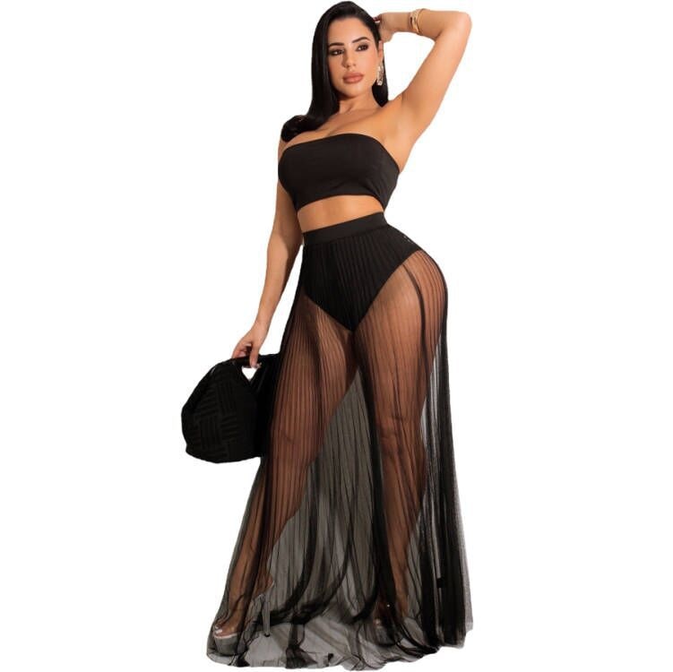 Summer Mesh Maxi Skirts Fashion See Through Elegant Two Piece Suit Crop Tops Set 2023 Women High Waist Long Skirt Transparent
