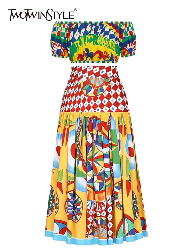TWOTWINSTYLE Print Two Piece Sets For Women Slash Neck Short Sleeve Top High Waist Patchwork Folds Skirt Colorblock Set Female