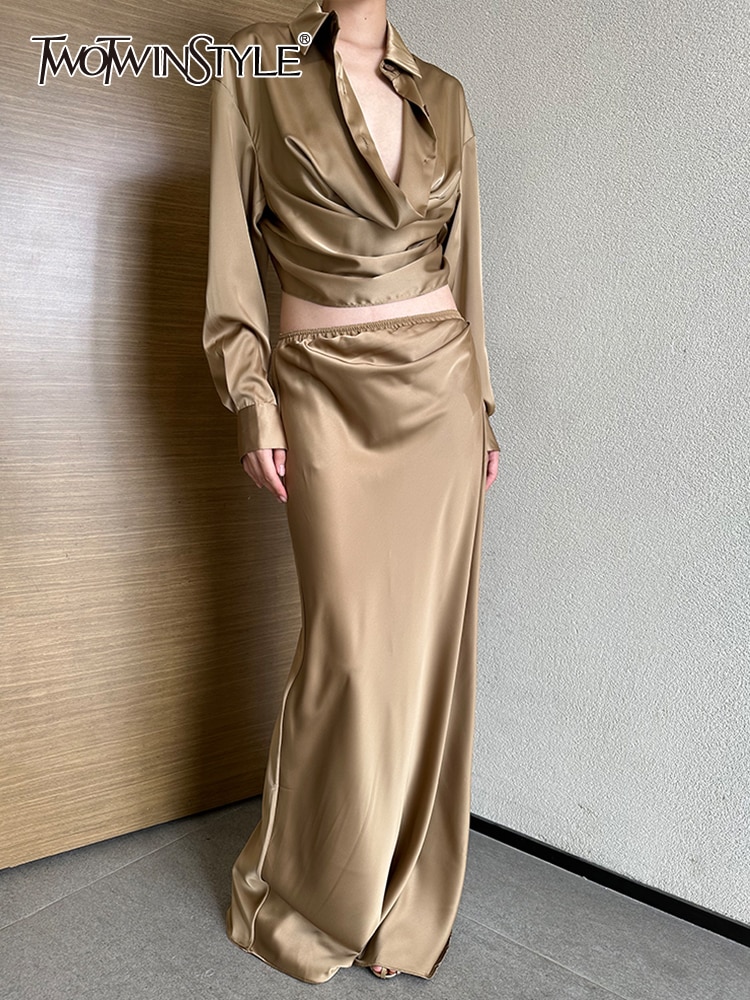 TWOTWINSTYLE Solid Two Piece Sets For Women Lapel Long Sleeve Irregular Shirt High Waist Chic Skirt Vintage Set Female Clothing