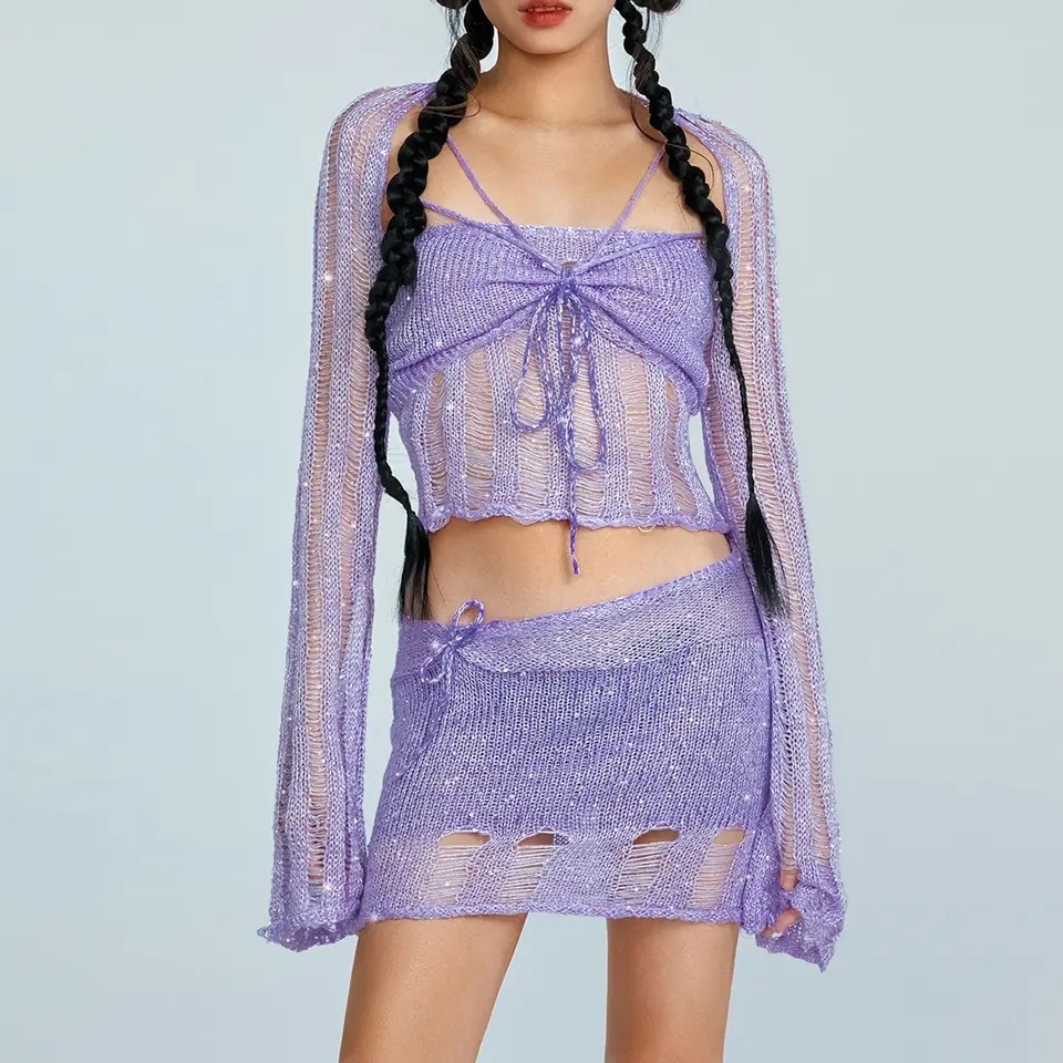 DUTRIEUX Sexy Crochet Knitted 2 Piece Skirt Sets Summer Women Elegant Knit Mini Dress Crop Tops Two Pieces Set Outfit Club Party