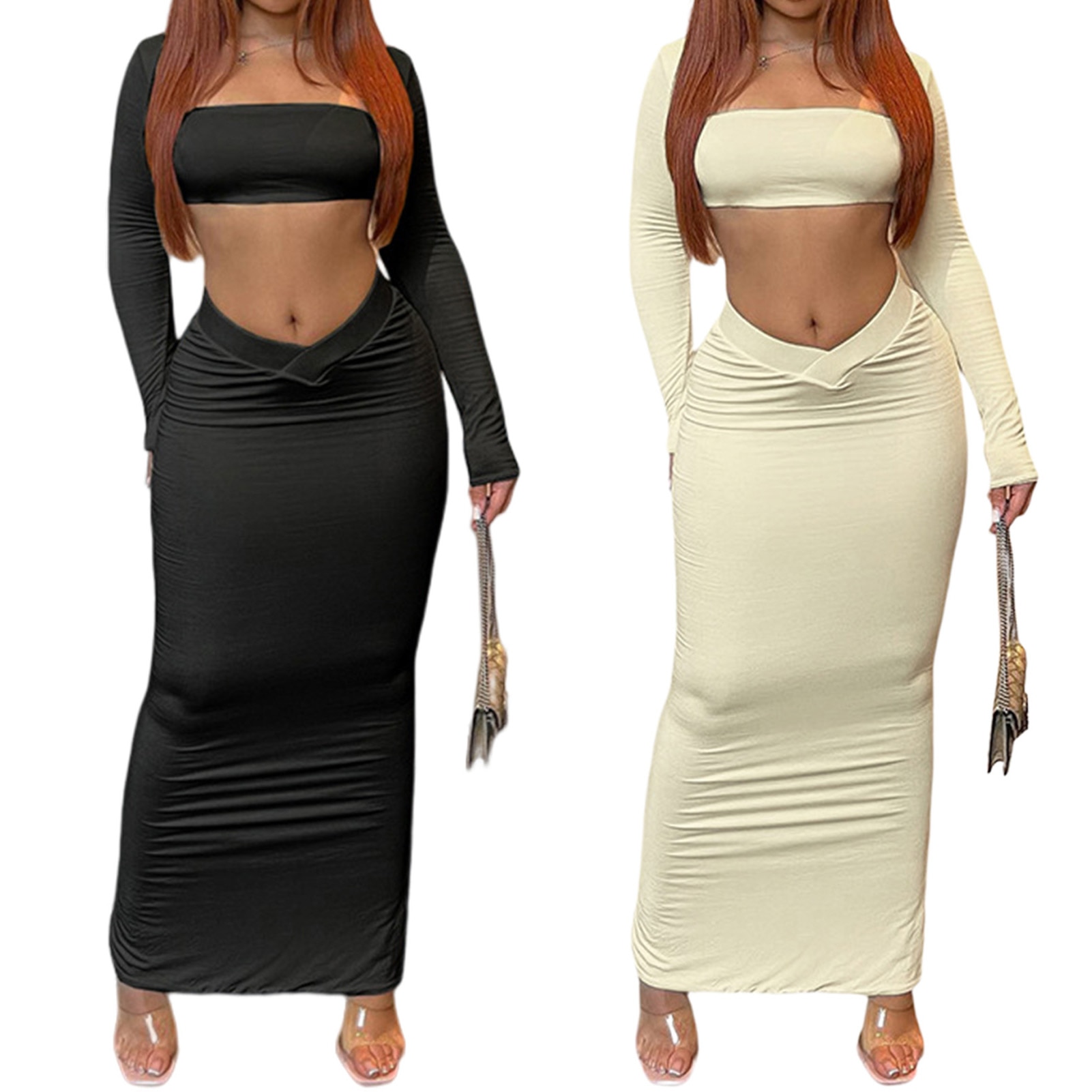 Women Sexy Slim Fit Two Piece Set Square Collar Backless Crop Top+Elastic Waist Dress Set Fashion Streetwear Matching Suit