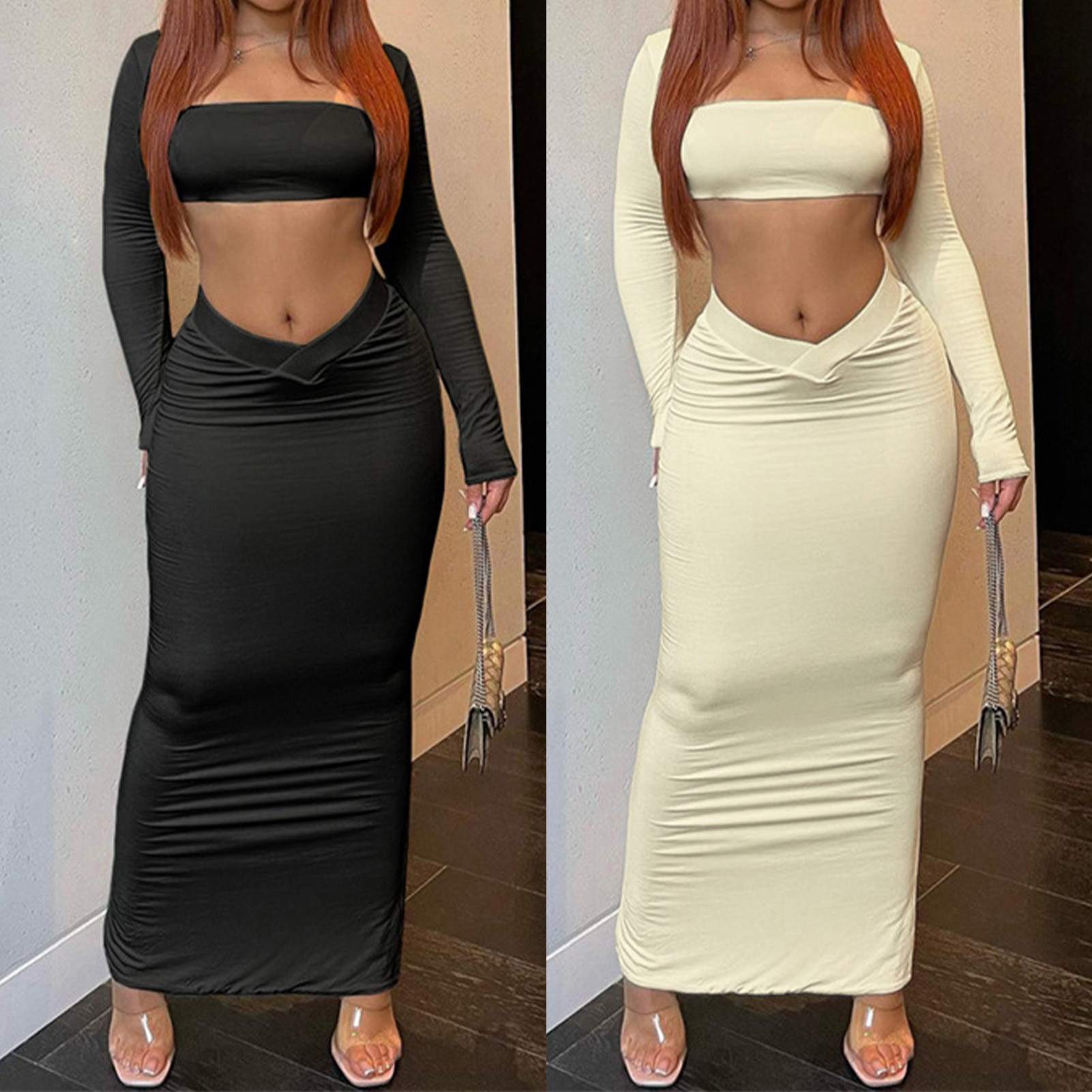 Women Slim Fit Long Sleeve Top Maxi Skirt Square Collar Backless Hollow Out 2 Piece Set Fashion Sexy Streetwear Outfits