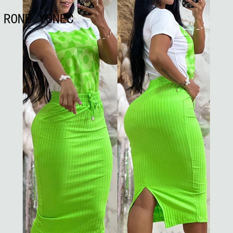 Women Elegant Floral Pattern Short Sleeves T-shirt & Elastic Wasit Solid Bottom Midi Skirt Sets