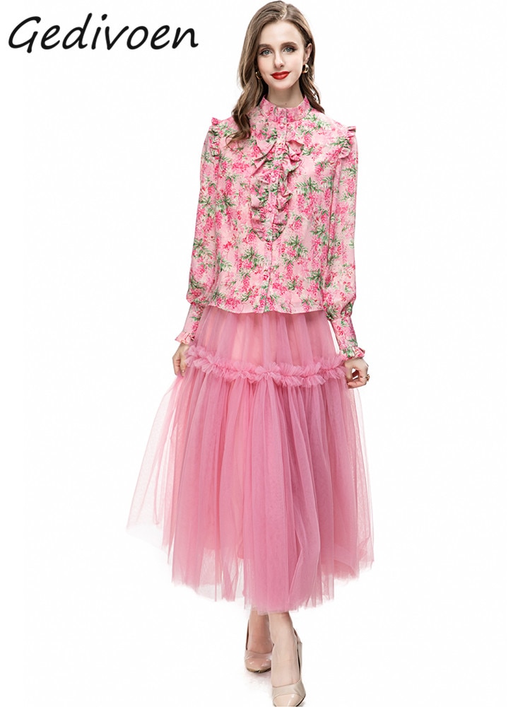 Gedivoen Summer Fashion Designer Vintage Floral Print Skirt Set Women Lantern Sleeve Slim Top+Ruffles Hem Mesh Skirt 2 Piece Set