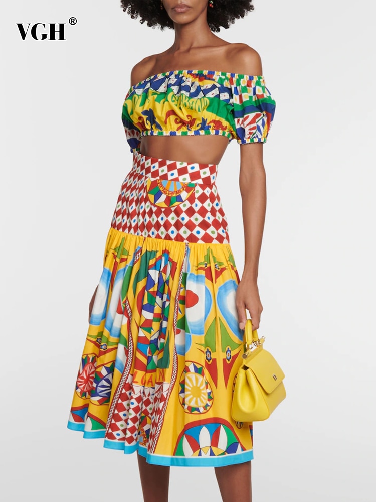 VGH Printing Two Piece Set For Women Slash Neck Lantern Sleeve Short Tops High Waist Loose A Line Skirts Vinatge Sets Female New