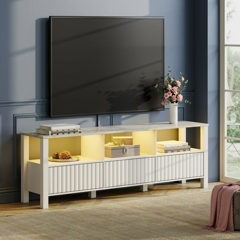 for 75 Inch Stands with LED Lights, Media Console Center Television Table with 6 Open Shelves for Living Room, Brown 70 inch